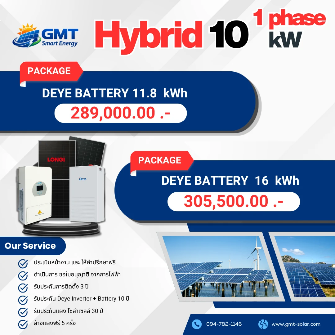 แพ็กเกจโซลาร์เซลล์ Hybrid 10 kW 1 Phase พร้อม Deye Battery